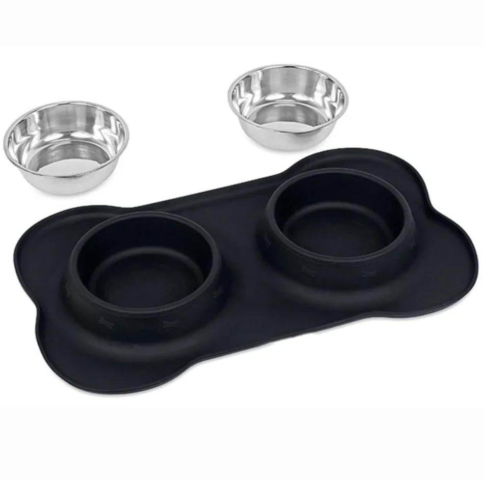 Bone-Shaped Silicone Feeding Mat with 2 Bowls